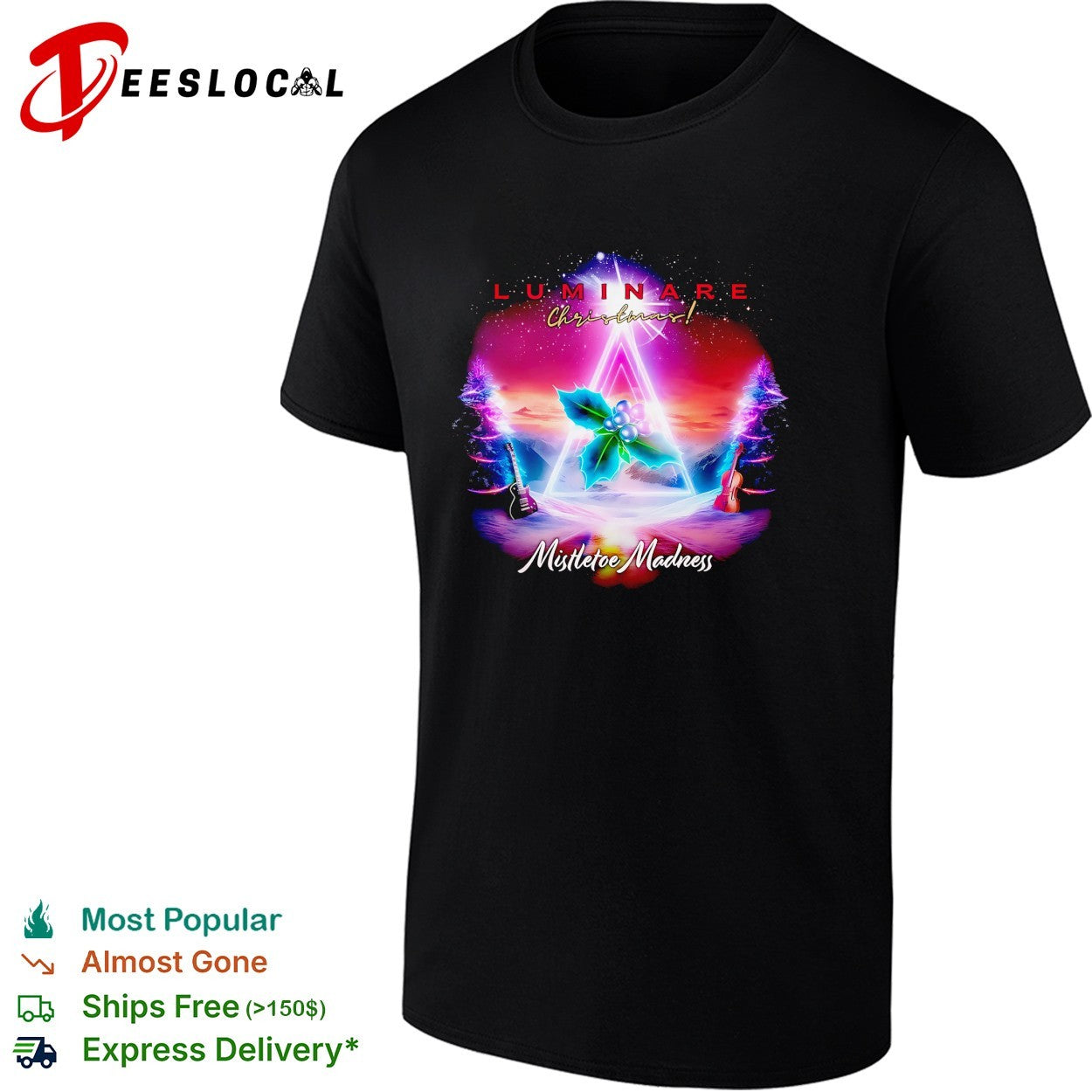 Luminare Christmas Mistletoe Madness guitar violin neon triangle shirt