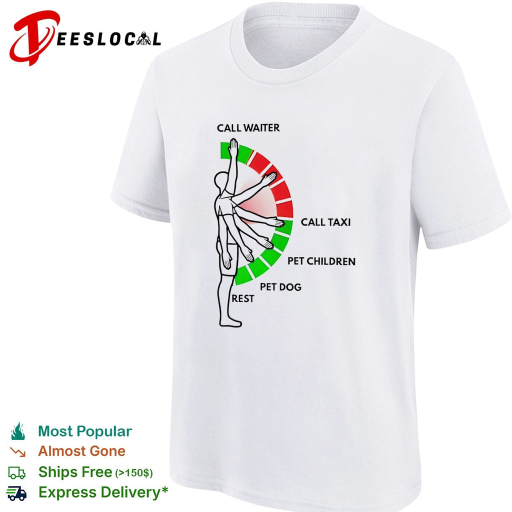 Man arm positions call waiter call taxi pet children pet dog rest shirt