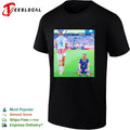 Mbappe France number 10 laughing on pitch Caceres number 4 World Cup shirt