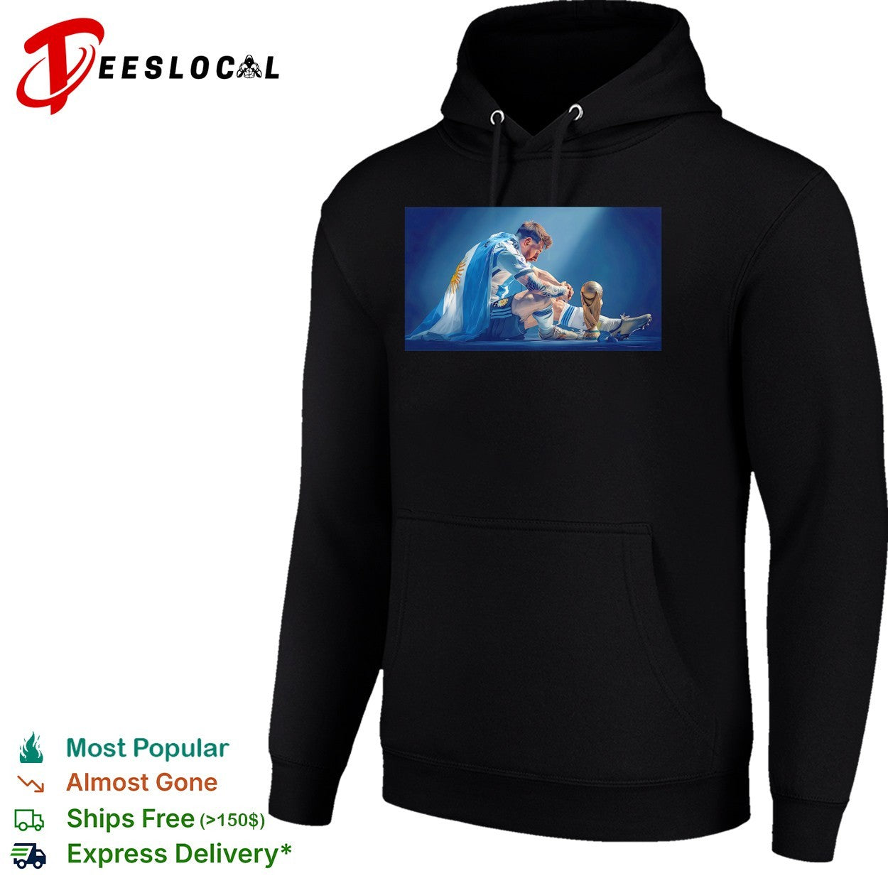 Messi holding World Cup trophy Argentina flag dramatic photo shirt