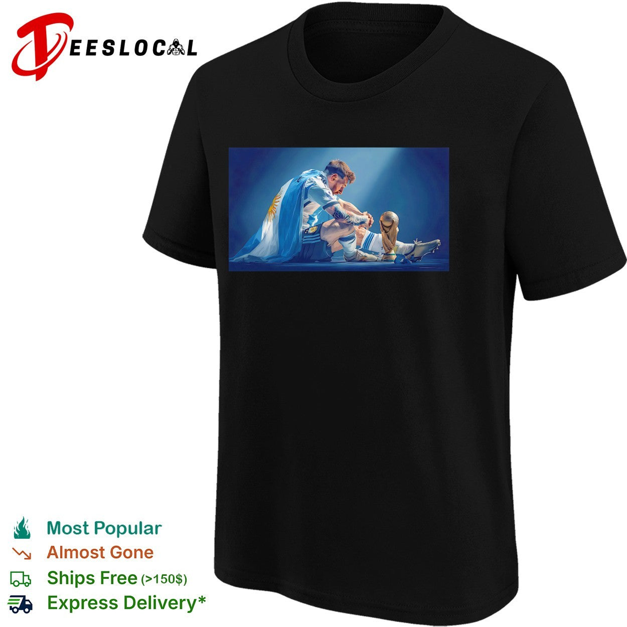 Messi holding World Cup trophy Argentina flag dramatic photo shirt