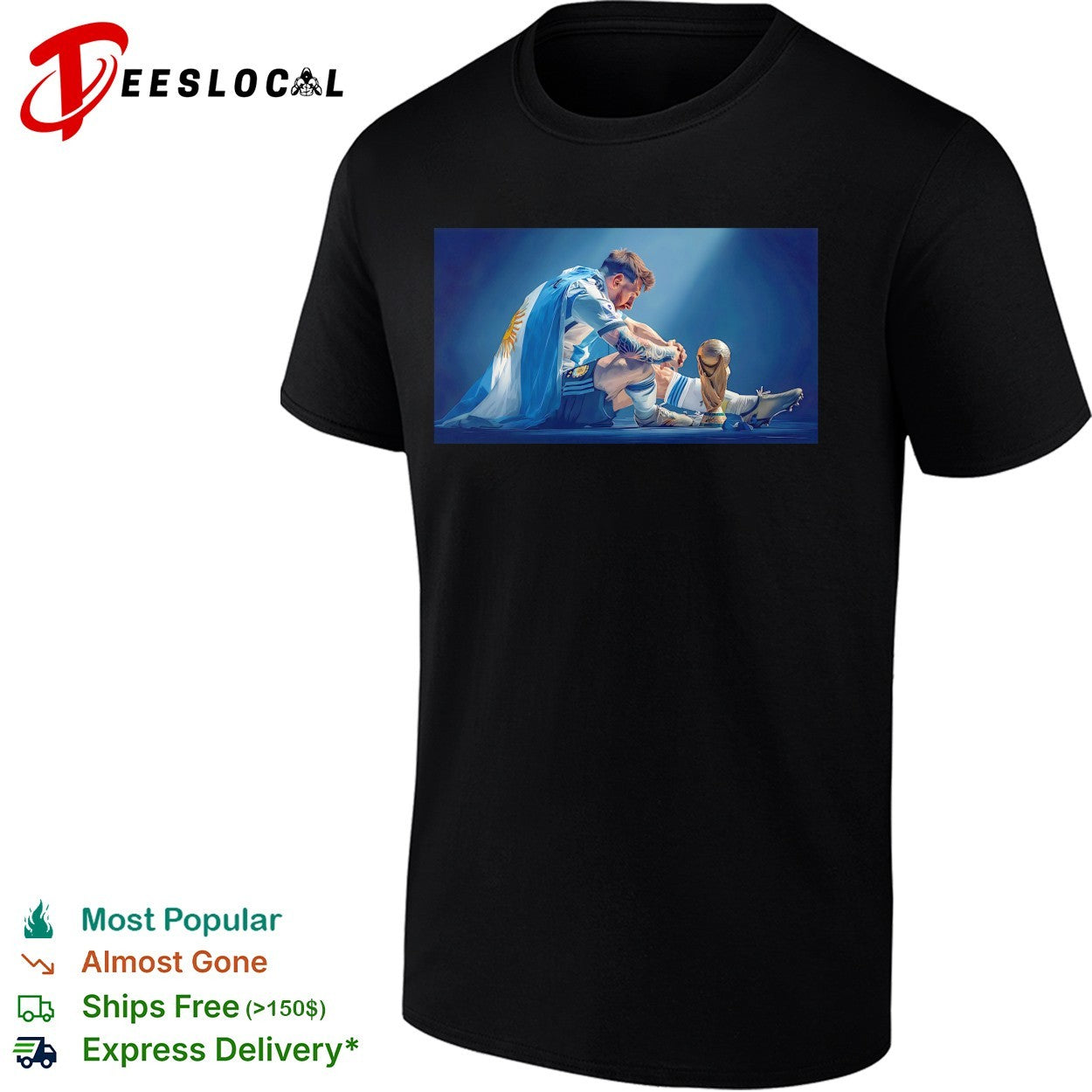 Messi holding World Cup trophy Argentina flag dramatic photo shirt