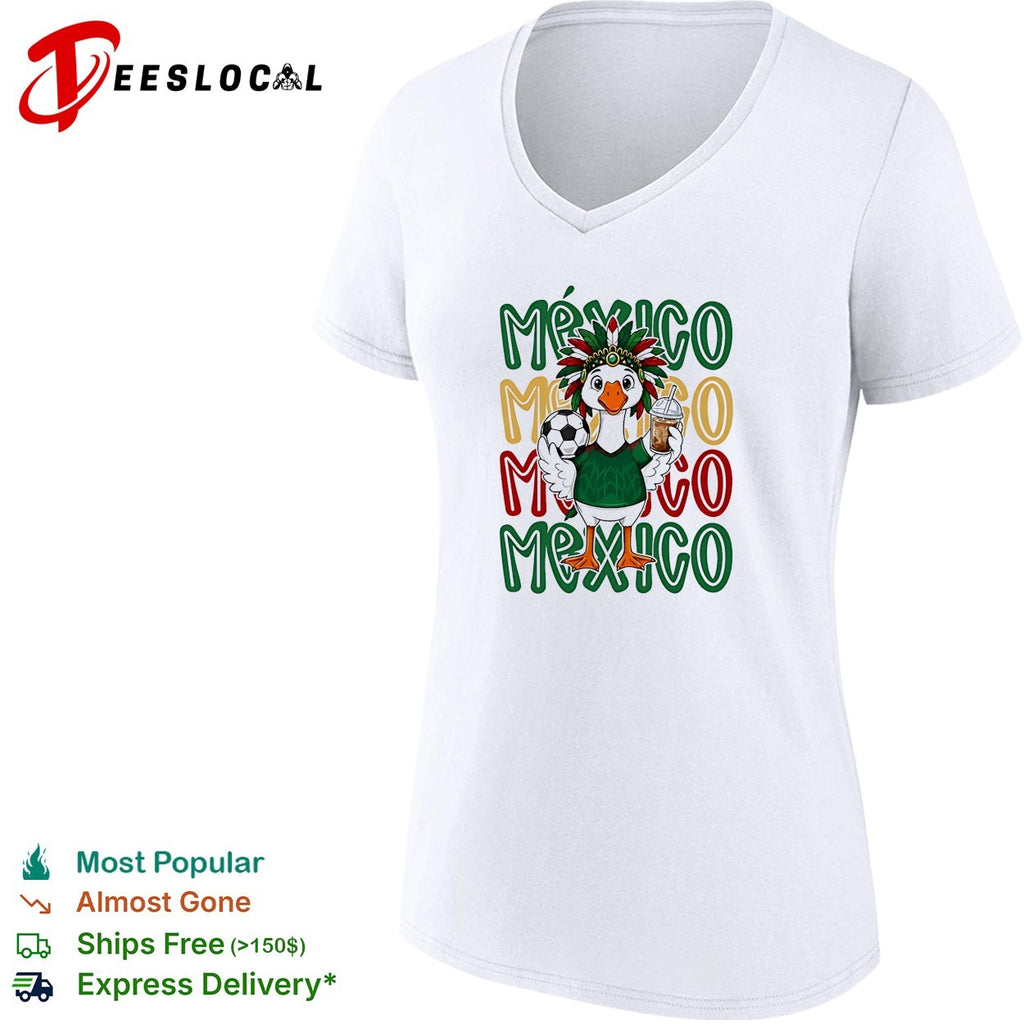 Mexico duck mascot Aztec headdress soccer ball iced drink stacked text shirt