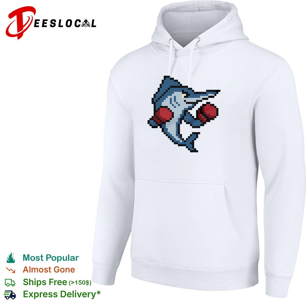 Miami Marlins mascot wearing gloves El Caballo pixel style shirt