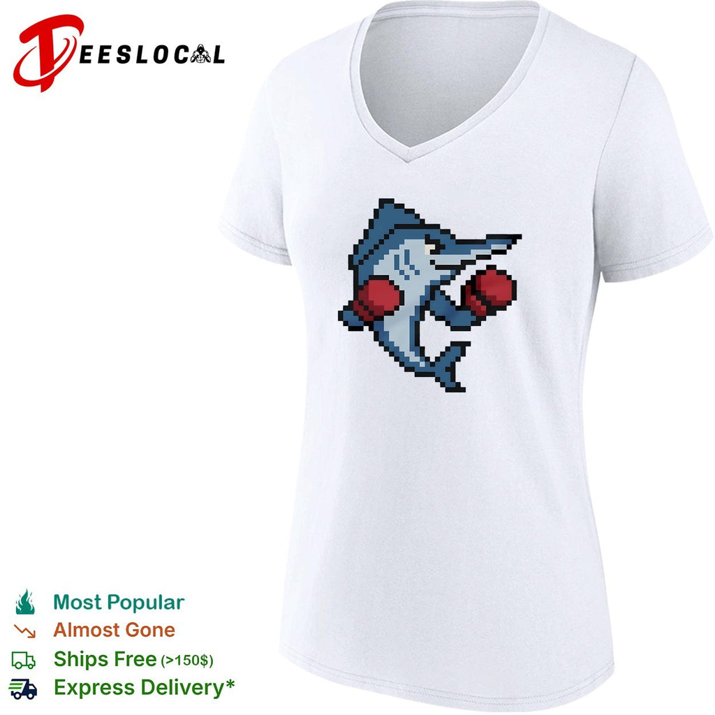 Miami Marlins mascot wearing gloves El Caballo pixel style shirt