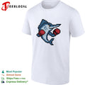 Miami Marlins mascot wearing gloves El Caballo pixel style shirt