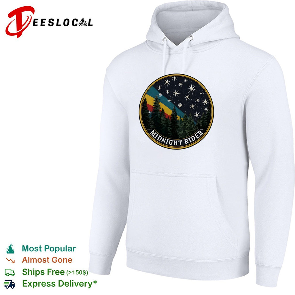 Midnight Rider pine forest night sky retro circle shirt
