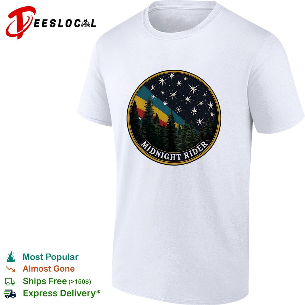Midnight Rider pine forest night sky retro circle shirt