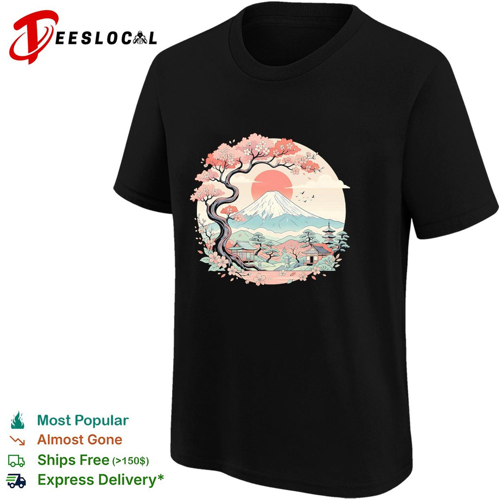 Mount Fuji cherry blossom tree Japanese pagoda shirt