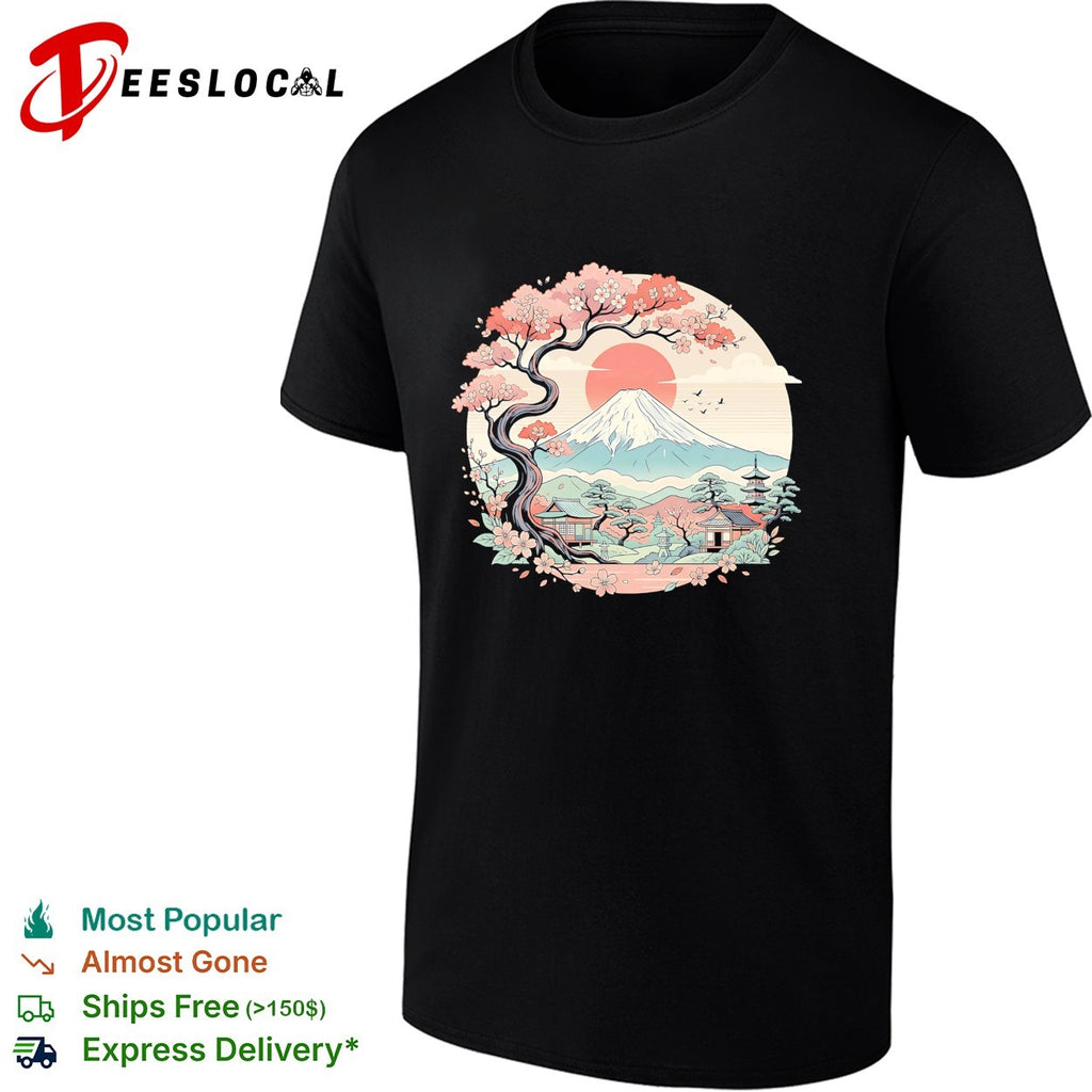 Mount Fuji cherry blossom tree Japanese pagoda shirt