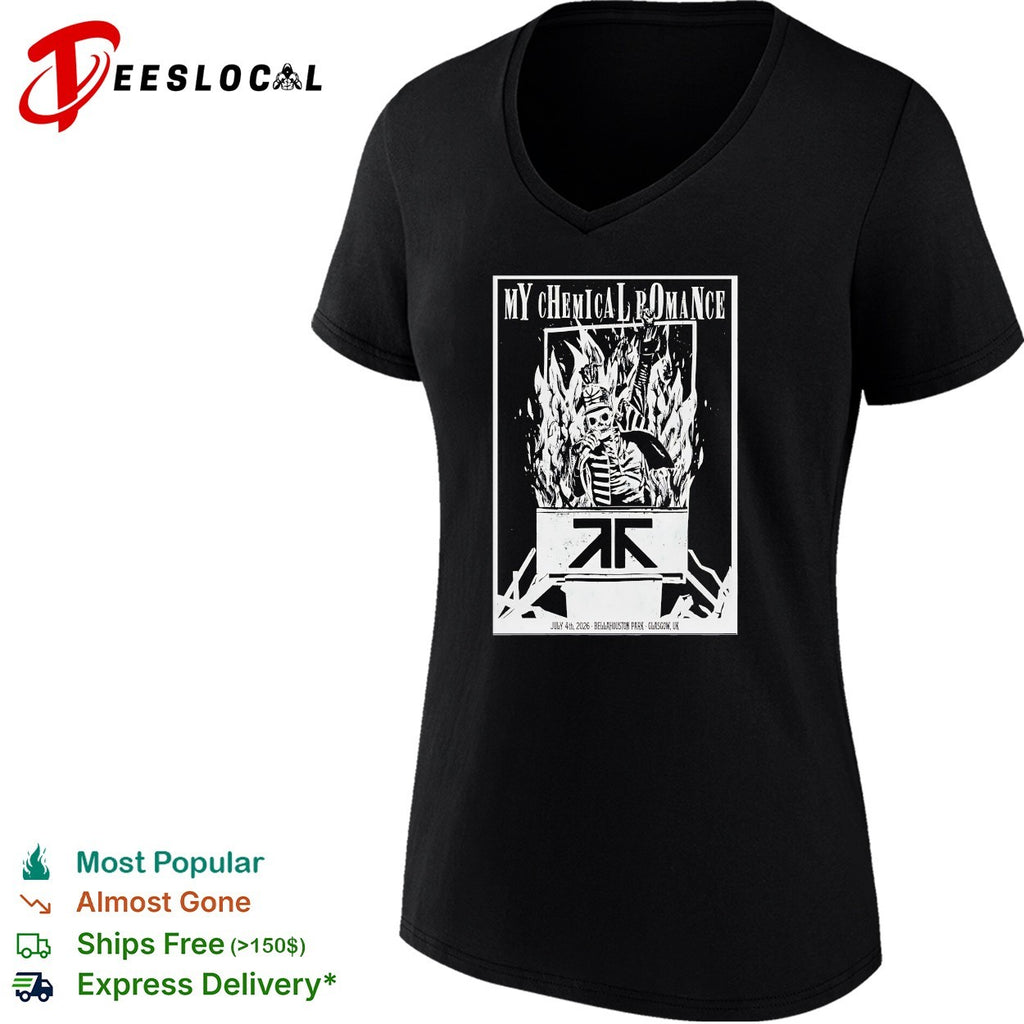 My Chemical Romance skeleton throne flames Bellahouston Park Glasgow July 4 2026 shirt