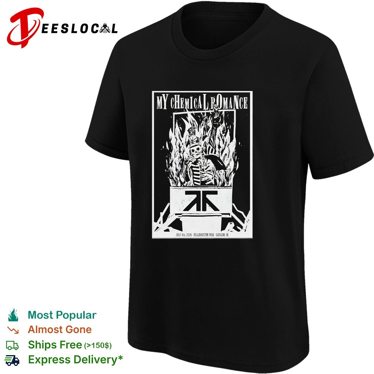 My Chemical Romance skeleton throne flames Bellahouston Park Glasgow July 4 2026 shirt
