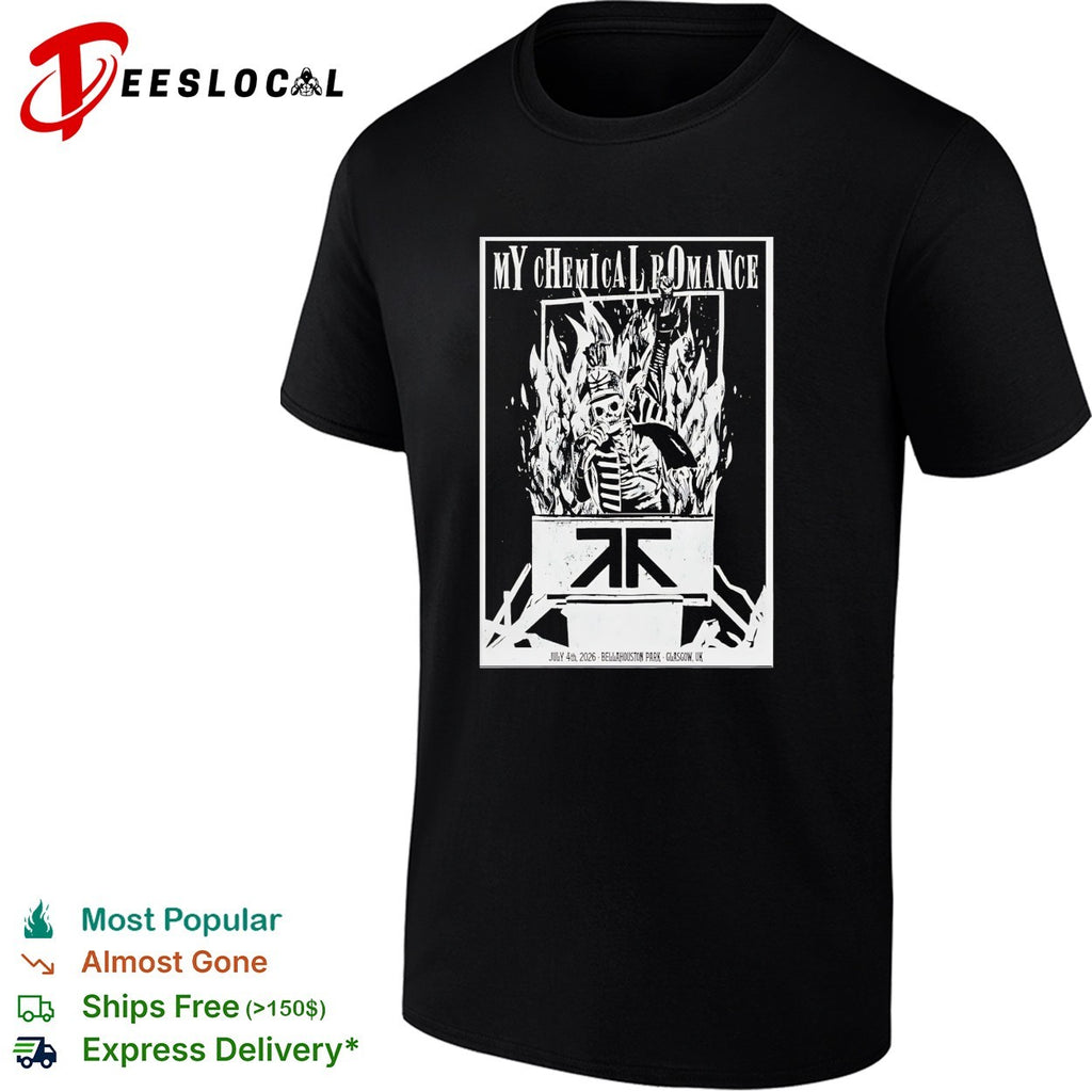 My Chemical Romance skeleton throne flames Bellahouston Park Glasgow July 4 2026 shirt