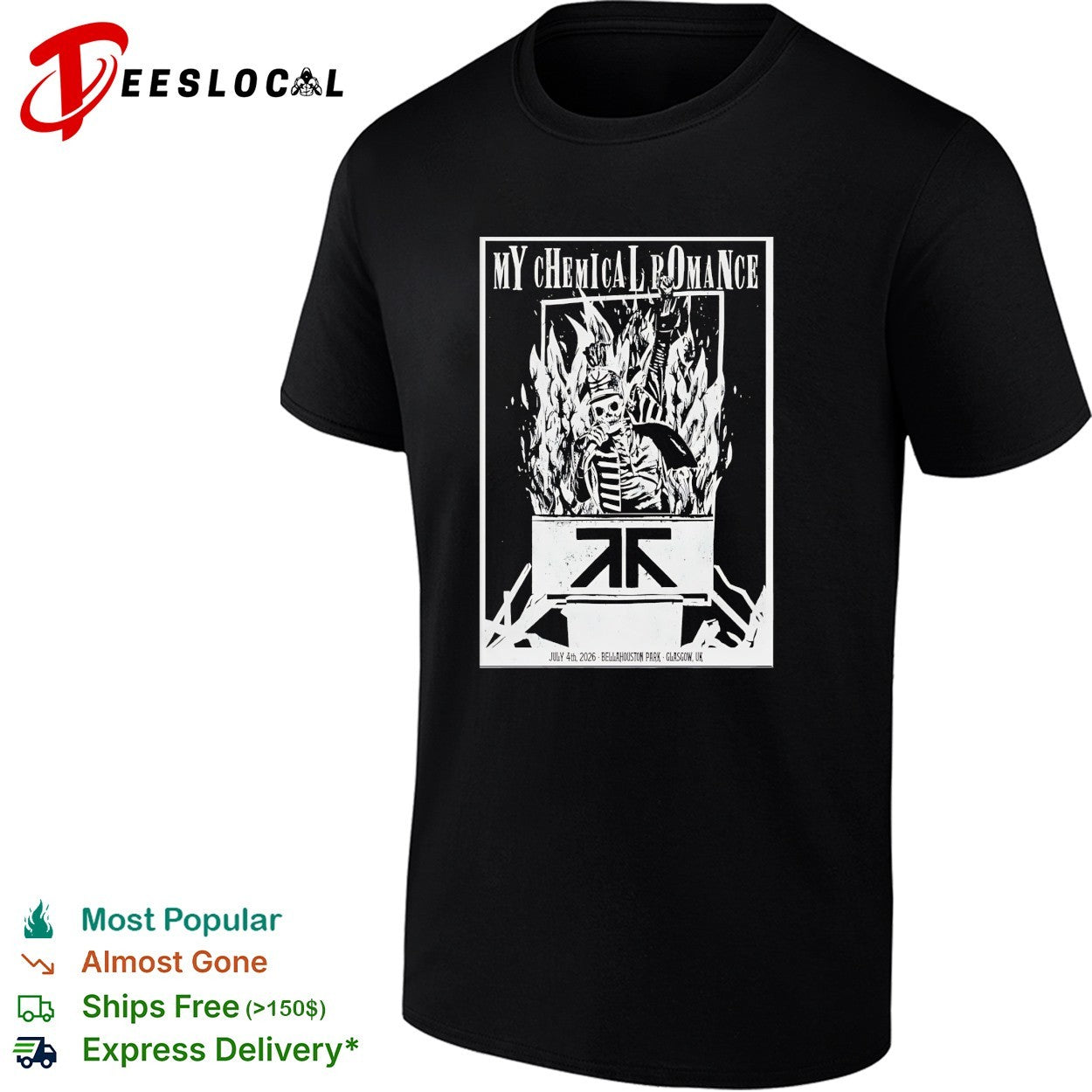 My Chemical Romance skeleton throne flames Bellahouston Park Glasgow July 4 2026 shirt