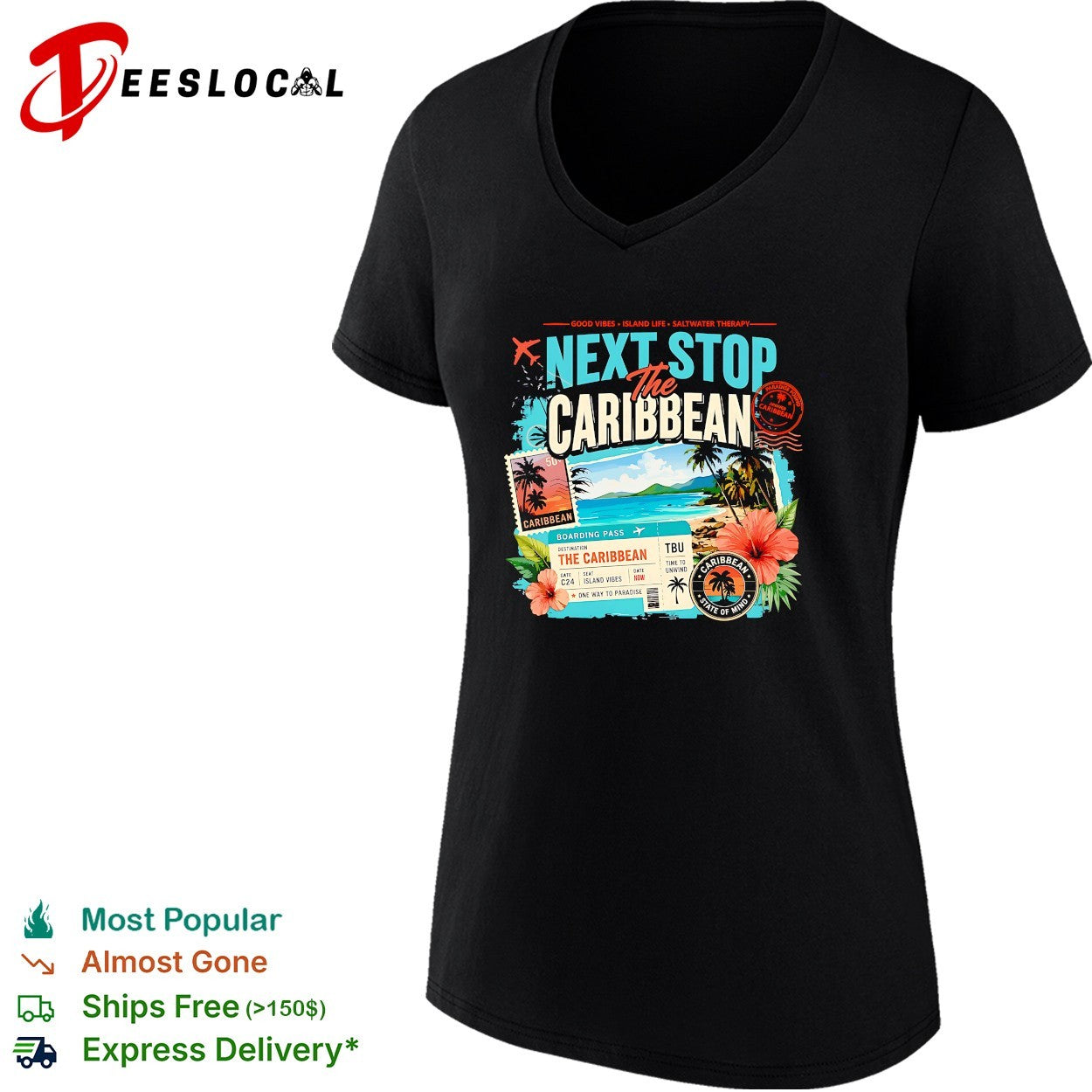Next stop the Caribbean good vibes island life saltwater therapy boarding pass shirt