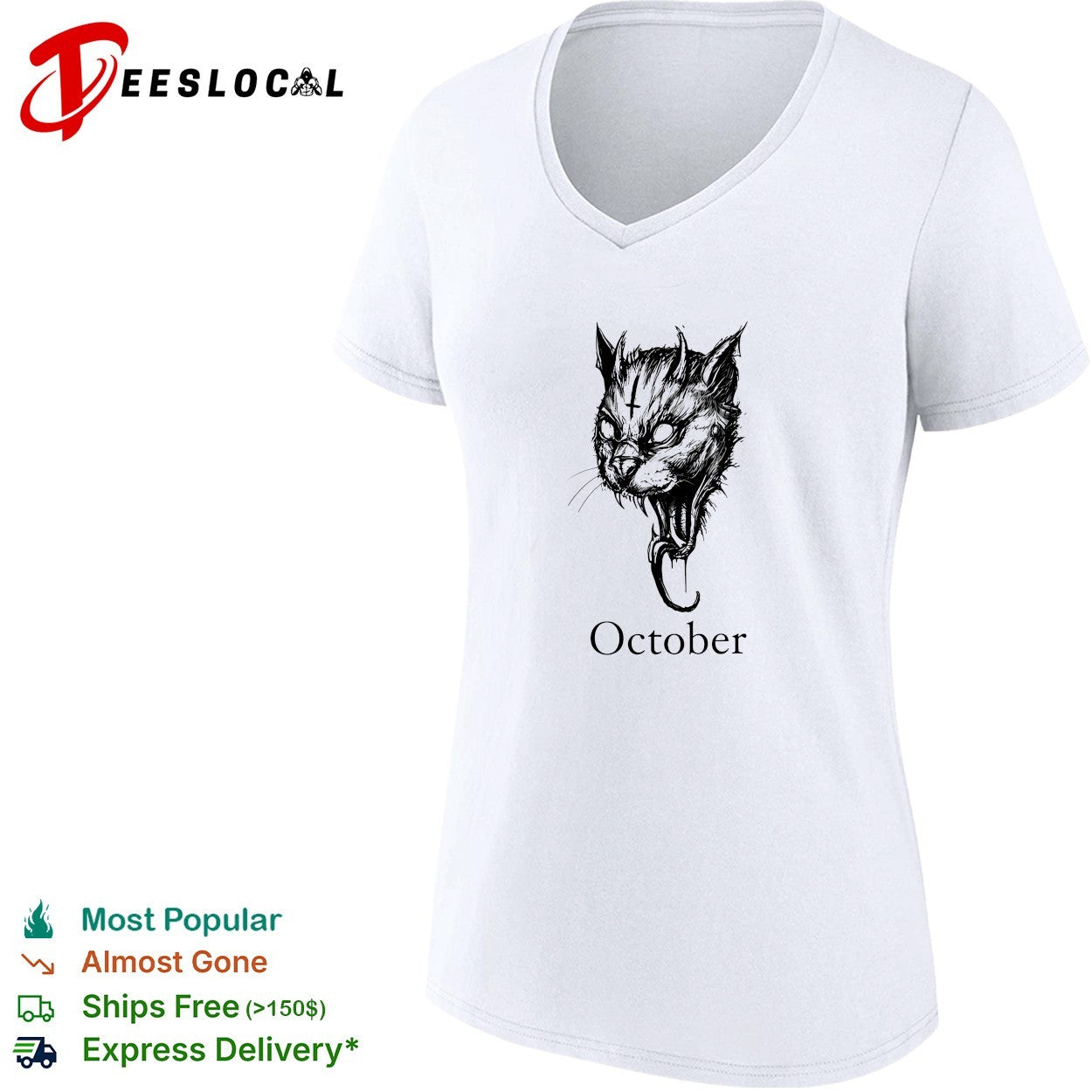 October Demon Cat gothic occult halloween shirt