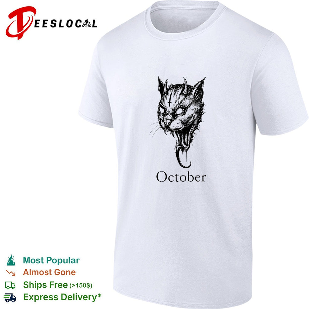 October Demon Cat gothic occult halloween shirt
