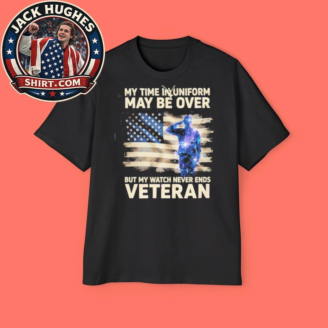Official My Watch Never Ends Veteran Saluting Soldier American Flag Shirt