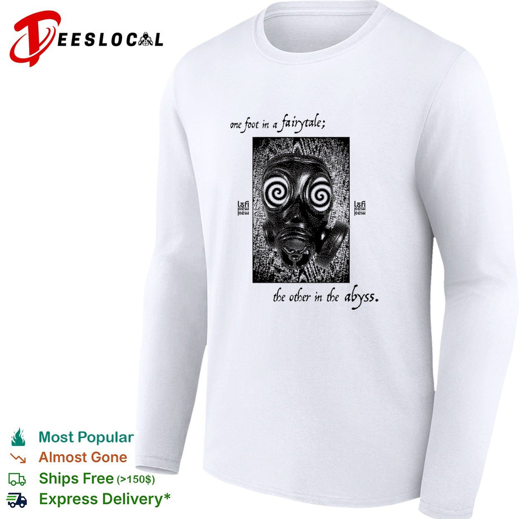 One foot in a fairytale the other in the abyss hypnotic spiral eyes face shirt