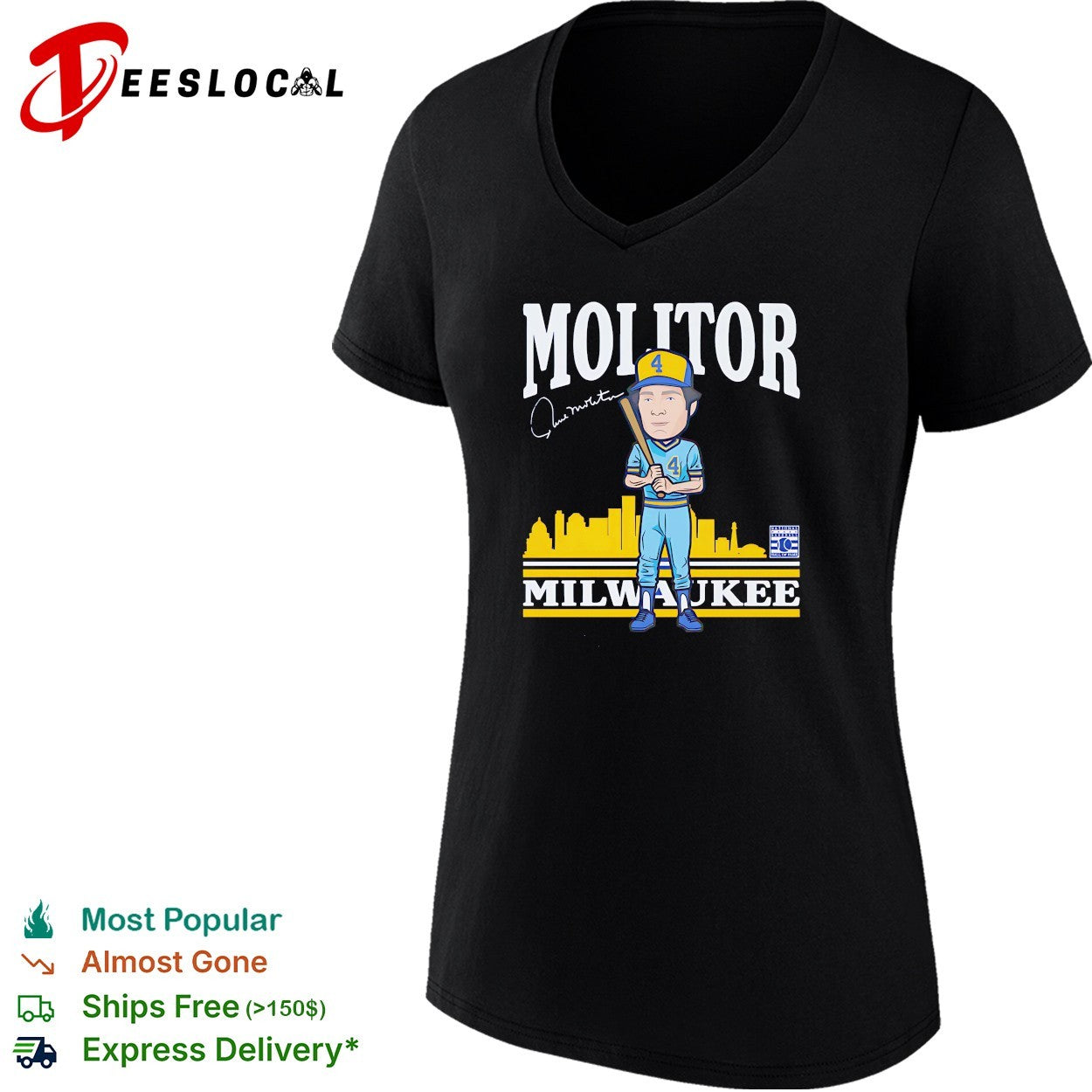 Paul Molitor number 4 Milwaukee Brewers baseball skyline cartoon signature shirt