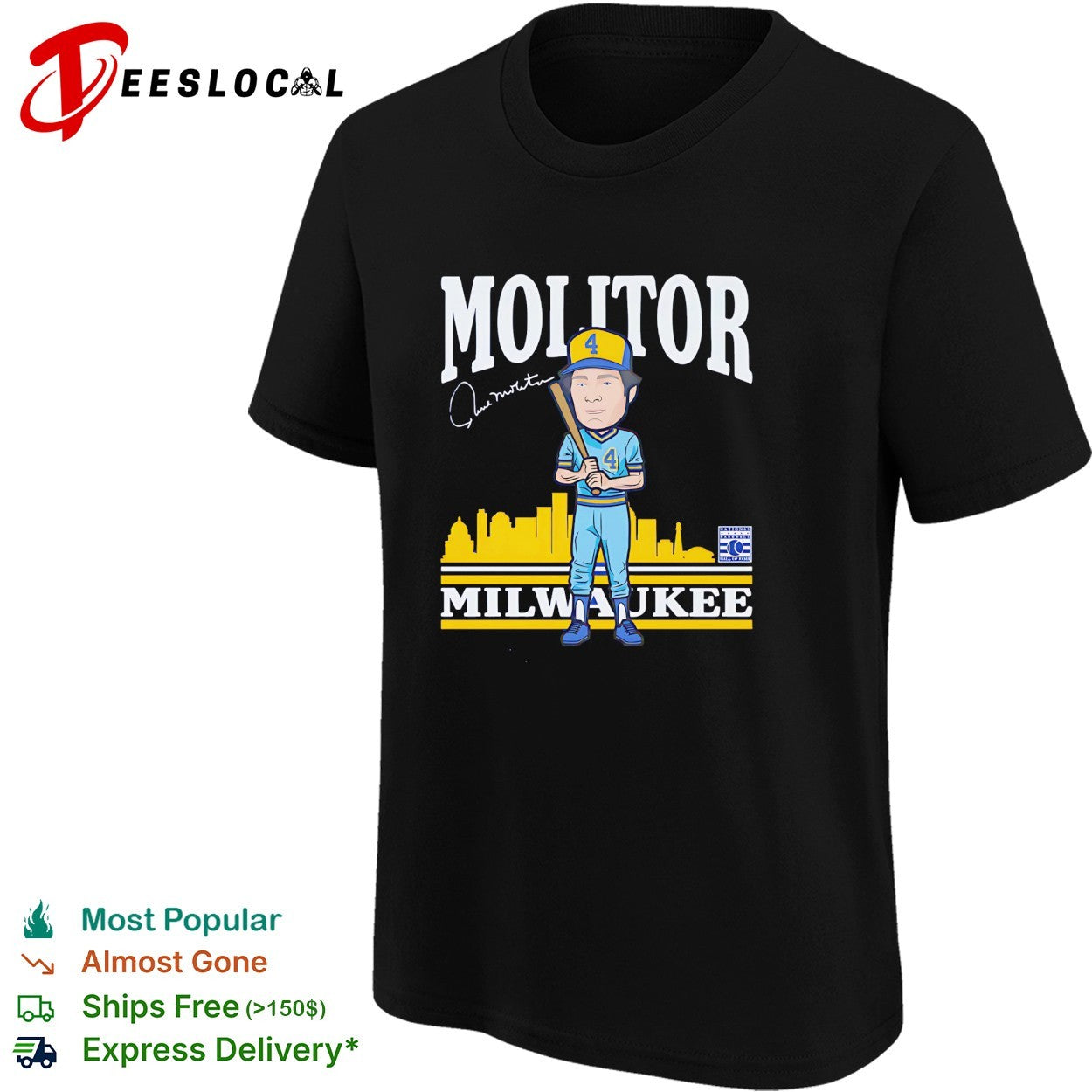 Paul Molitor number 4 Milwaukee Brewers baseball skyline cartoon signature shirt