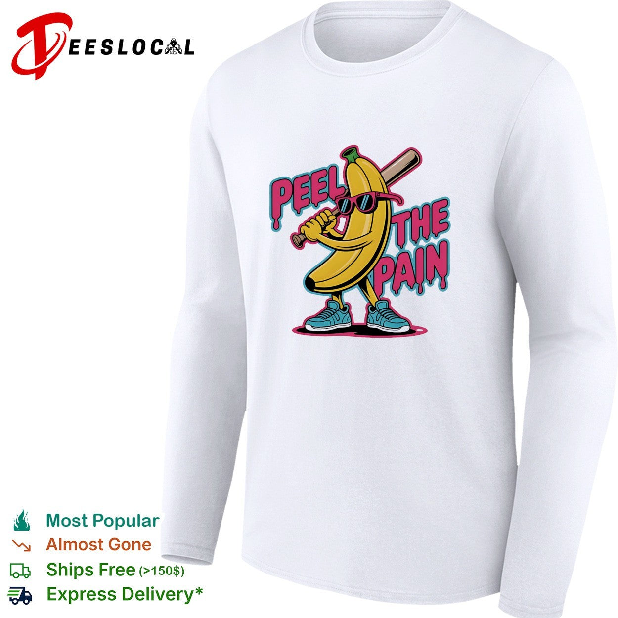 Peel the pain banana character holding baseball bat shirt