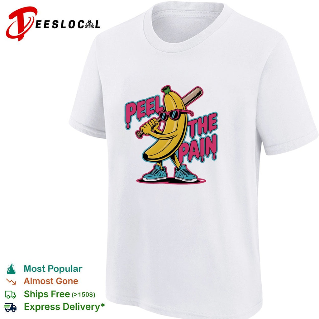 Peel the pain banana character holding baseball bat shirt