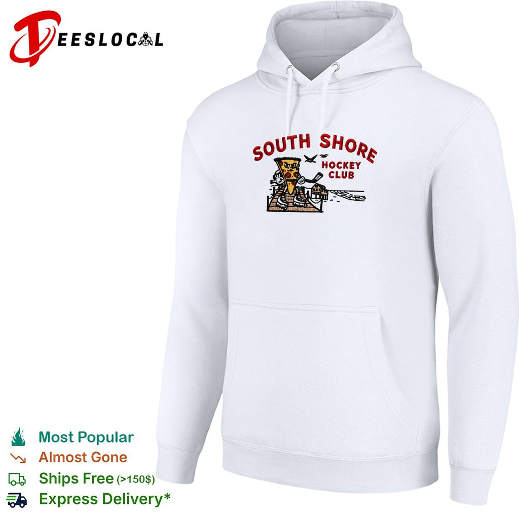 Pizza holding hockey stick South Shore Hockey Club shirt