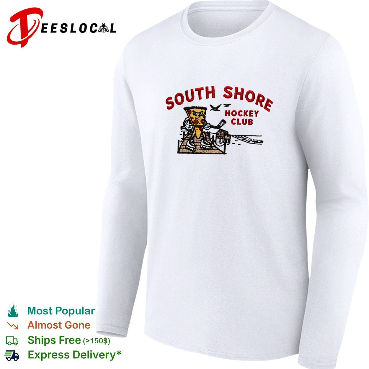 Pizza holding hockey stick South Shore Hockey Club shirt