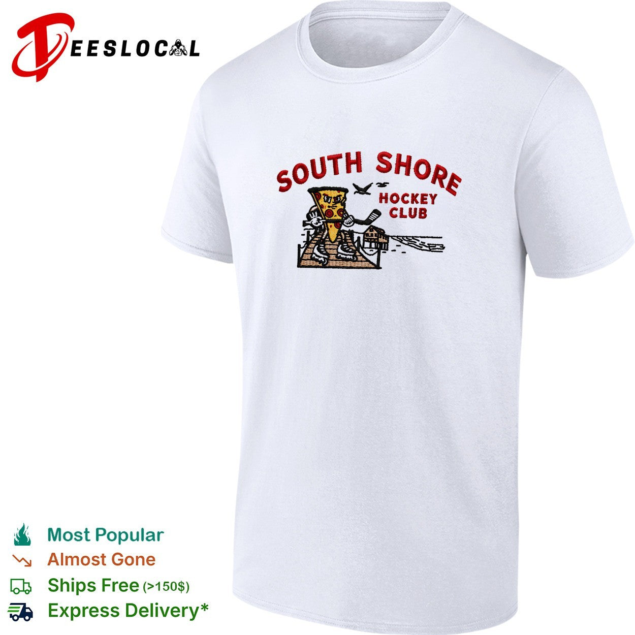 Pizza holding hockey stick South Shore Hockey Club shirt
