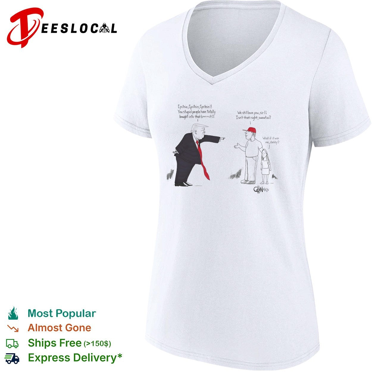 Political cartoon about Epstein and Trump shirt