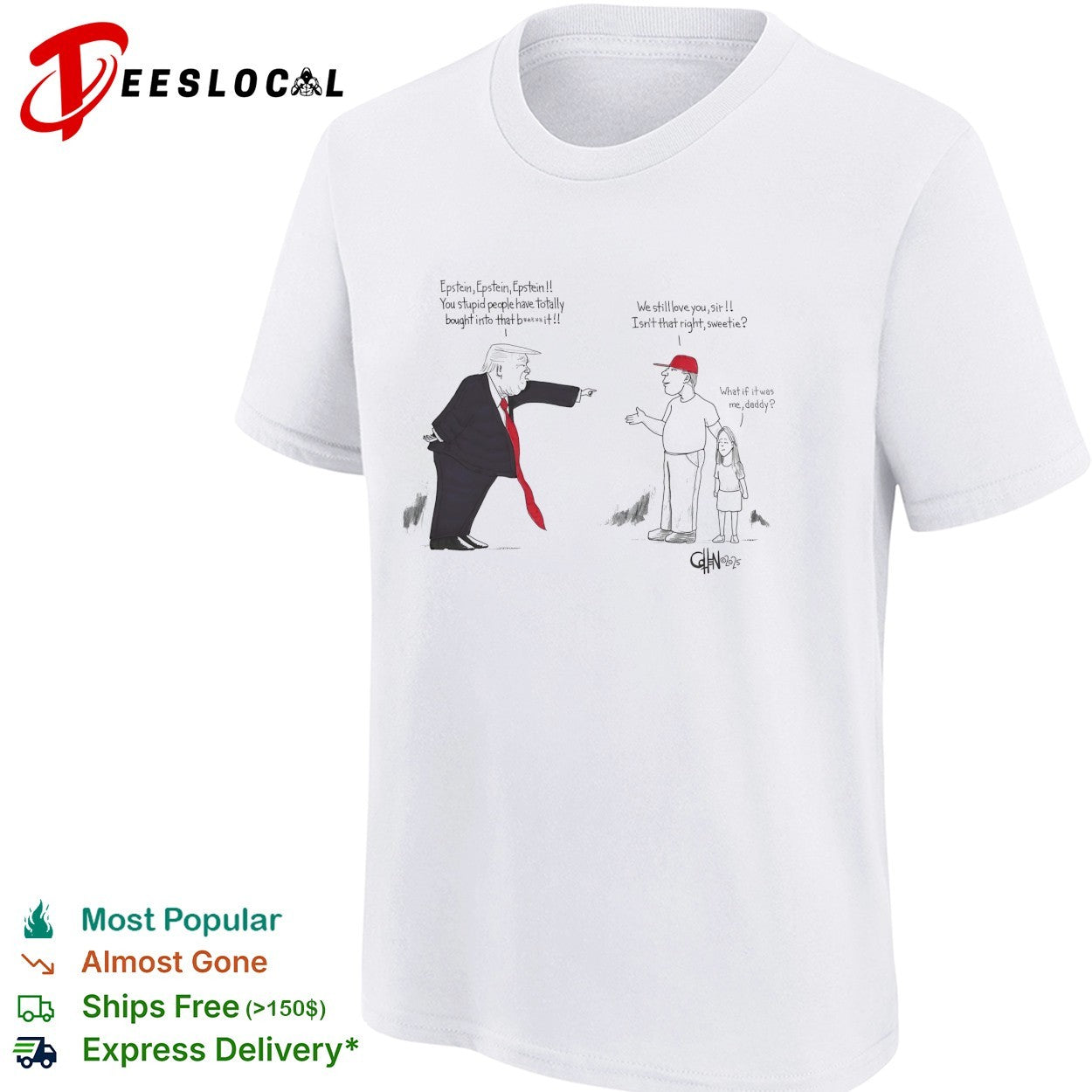Political cartoon about Epstein and Trump shirt
