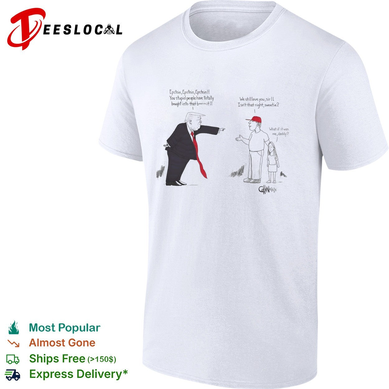 Political cartoon about Epstein and Trump shirt
