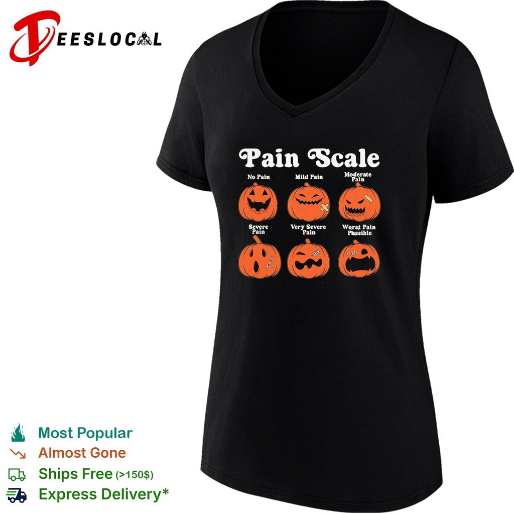 Pumpkin jack o lantern pain scale no pain to worst pain possible Halloween shirt