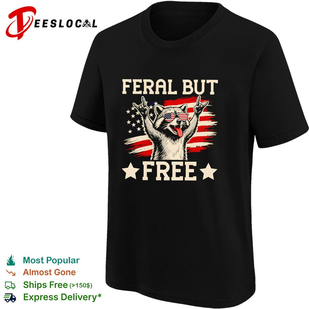 Raccoon raising arms wearing USA glasses feral but free shirt