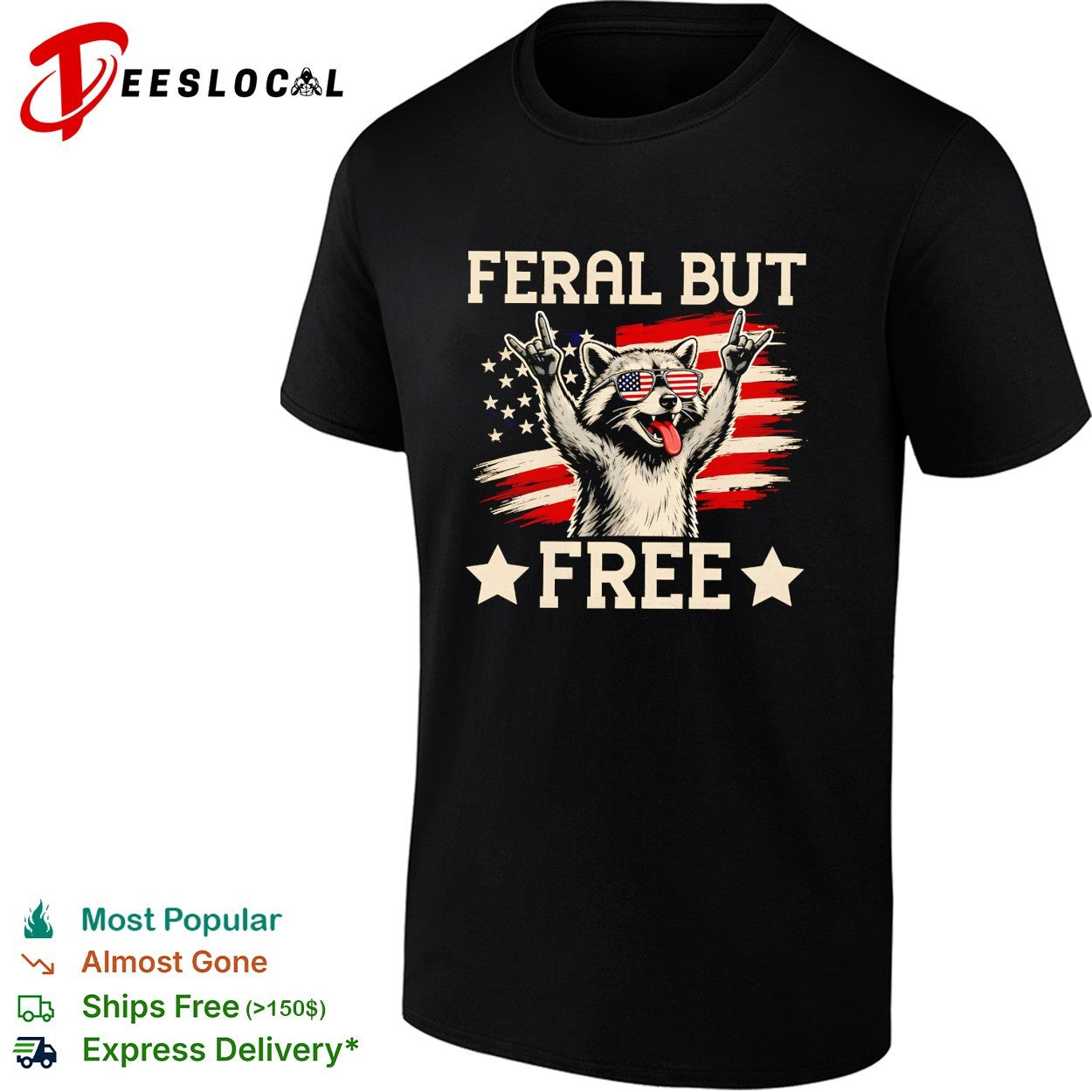 Raccoon raising arms wearing USA glasses feral but free shirt
