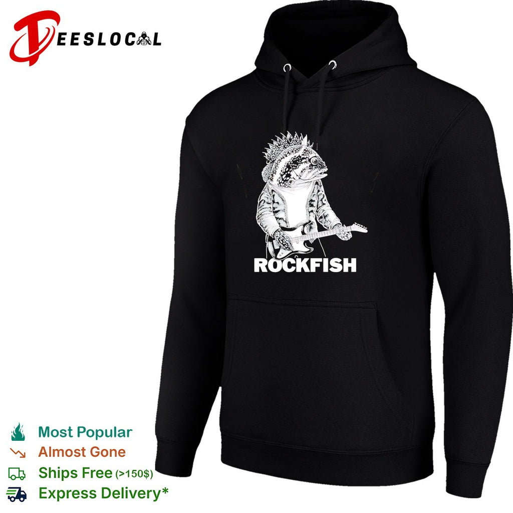 Rockfish wearing jacket playing electric guitar shirt