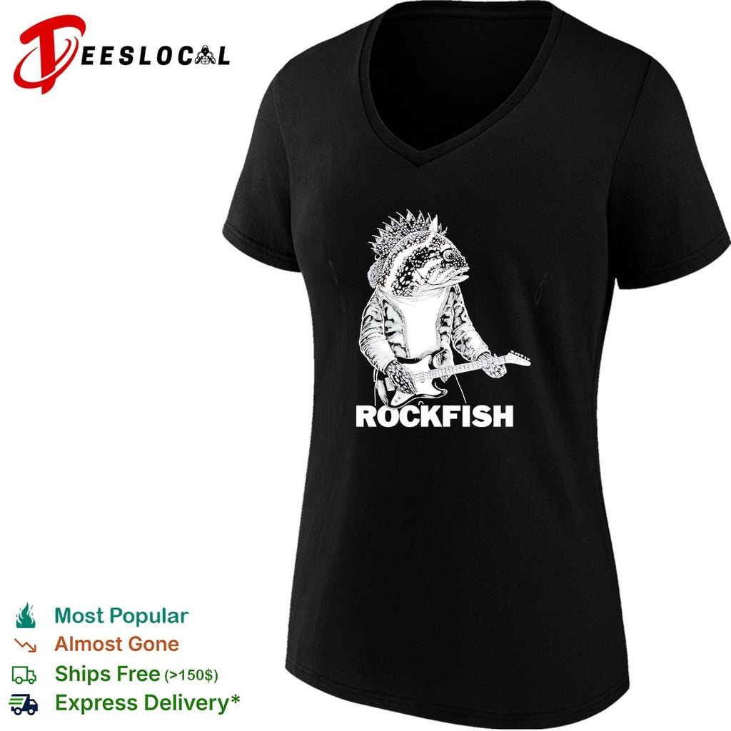 Rockfish wearing jacket playing electric guitar shirt