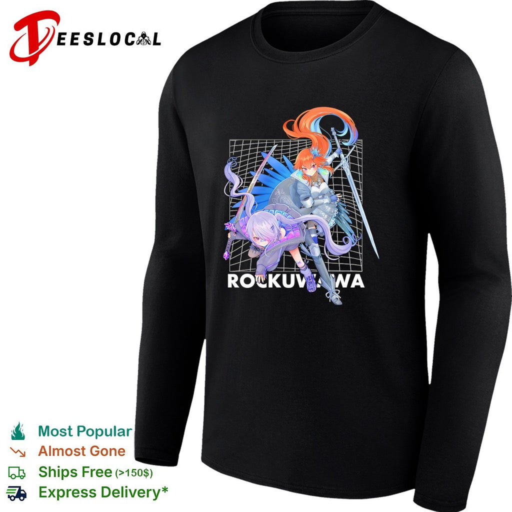 Rockuwawa anime warrior girls sword katana grid background shirt