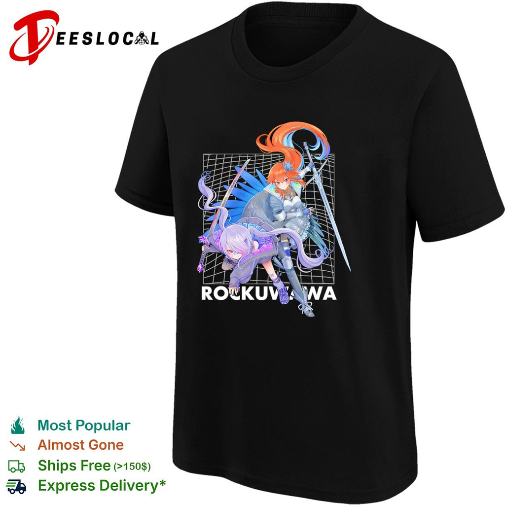 Rockuwawa anime warrior girls sword katana grid background shirt
