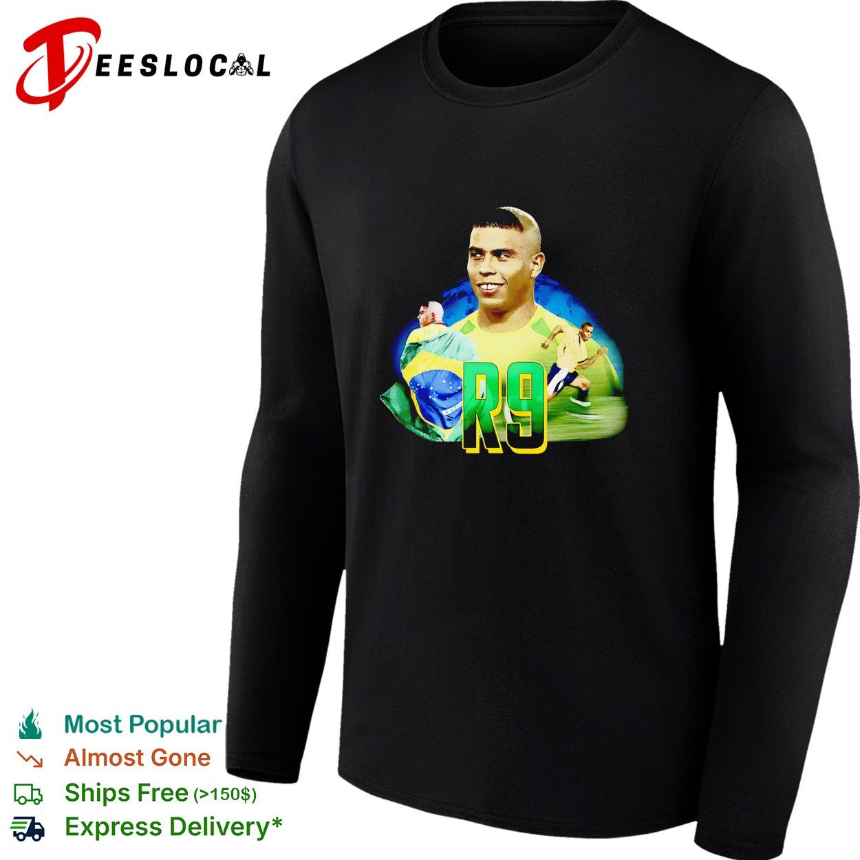 Ronaldo R9 Brazil wearing flag and running collage shirt