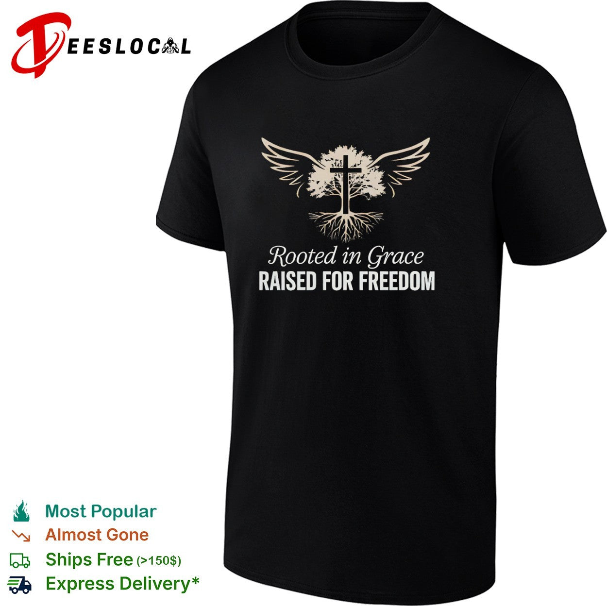 Rooted in Grace Raised for Freedom Cross Tree Wings Faith Religious Christian shirt