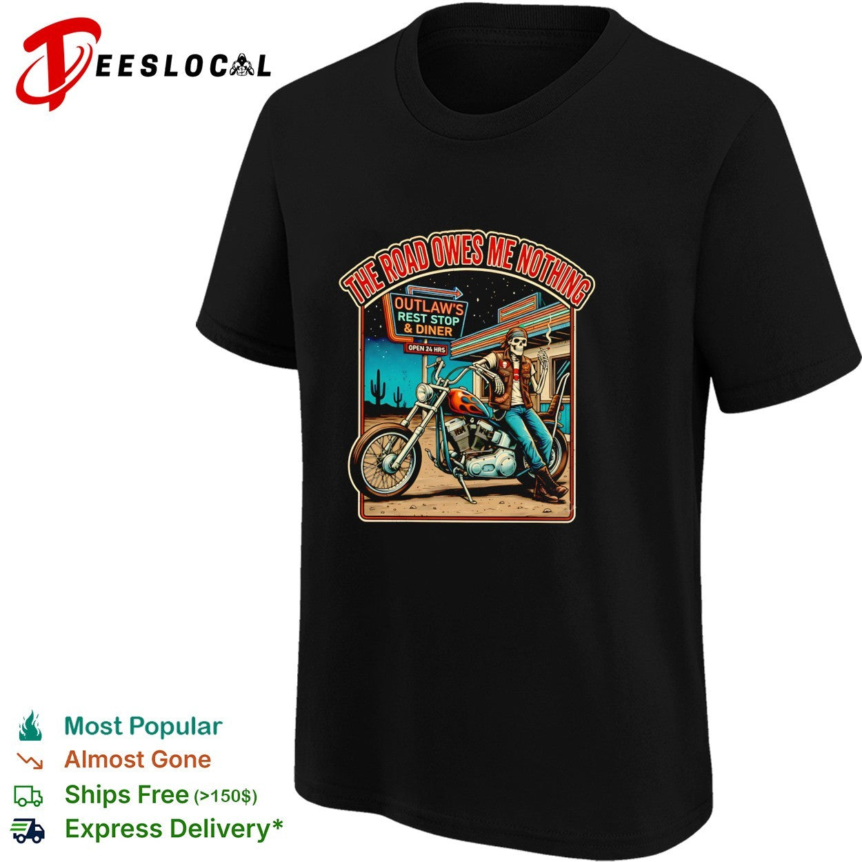 Skeleton biker at outlaw’s rest stop the road owes me nothing shirt