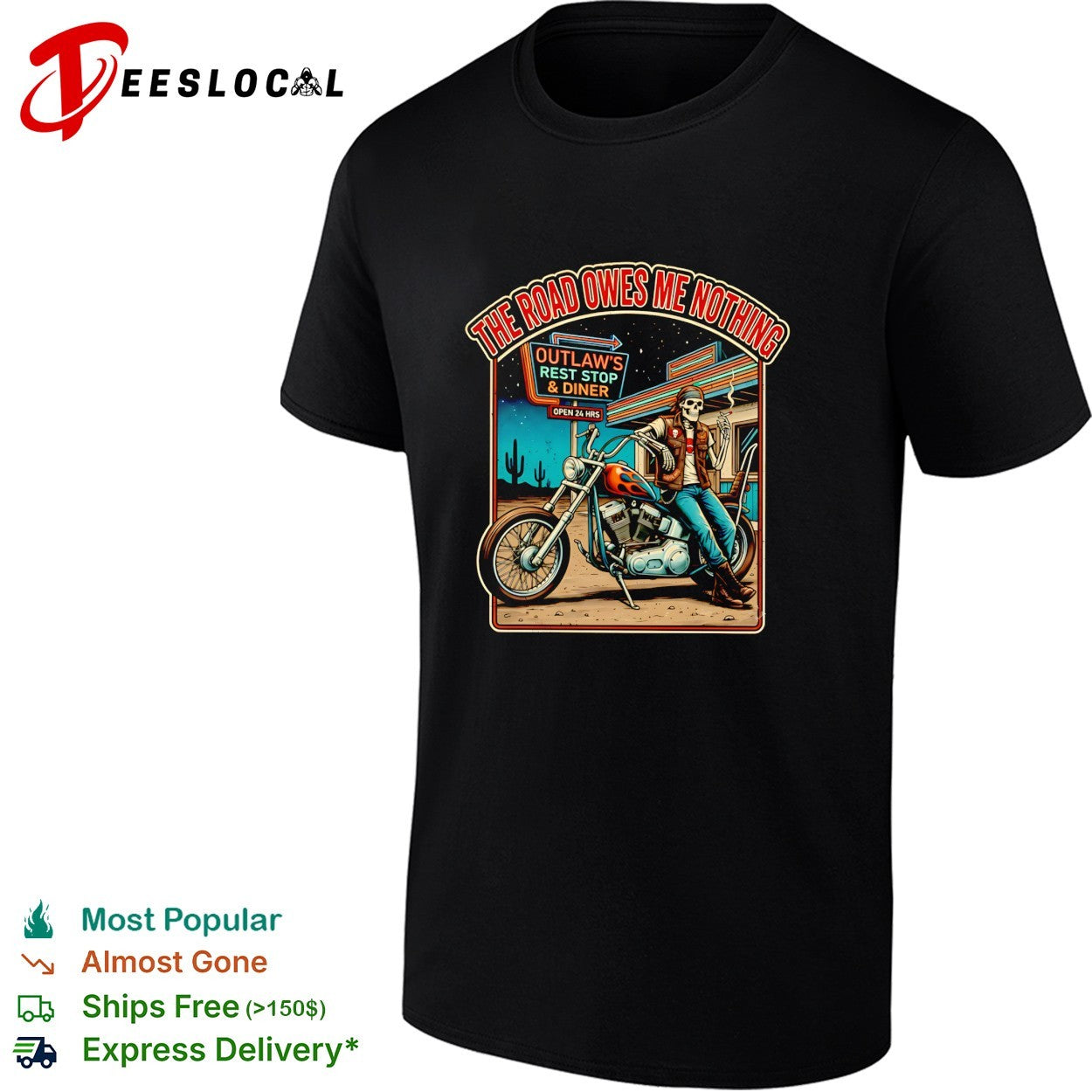 Skeleton biker at outlaw’s rest stop the road owes me nothing shirt