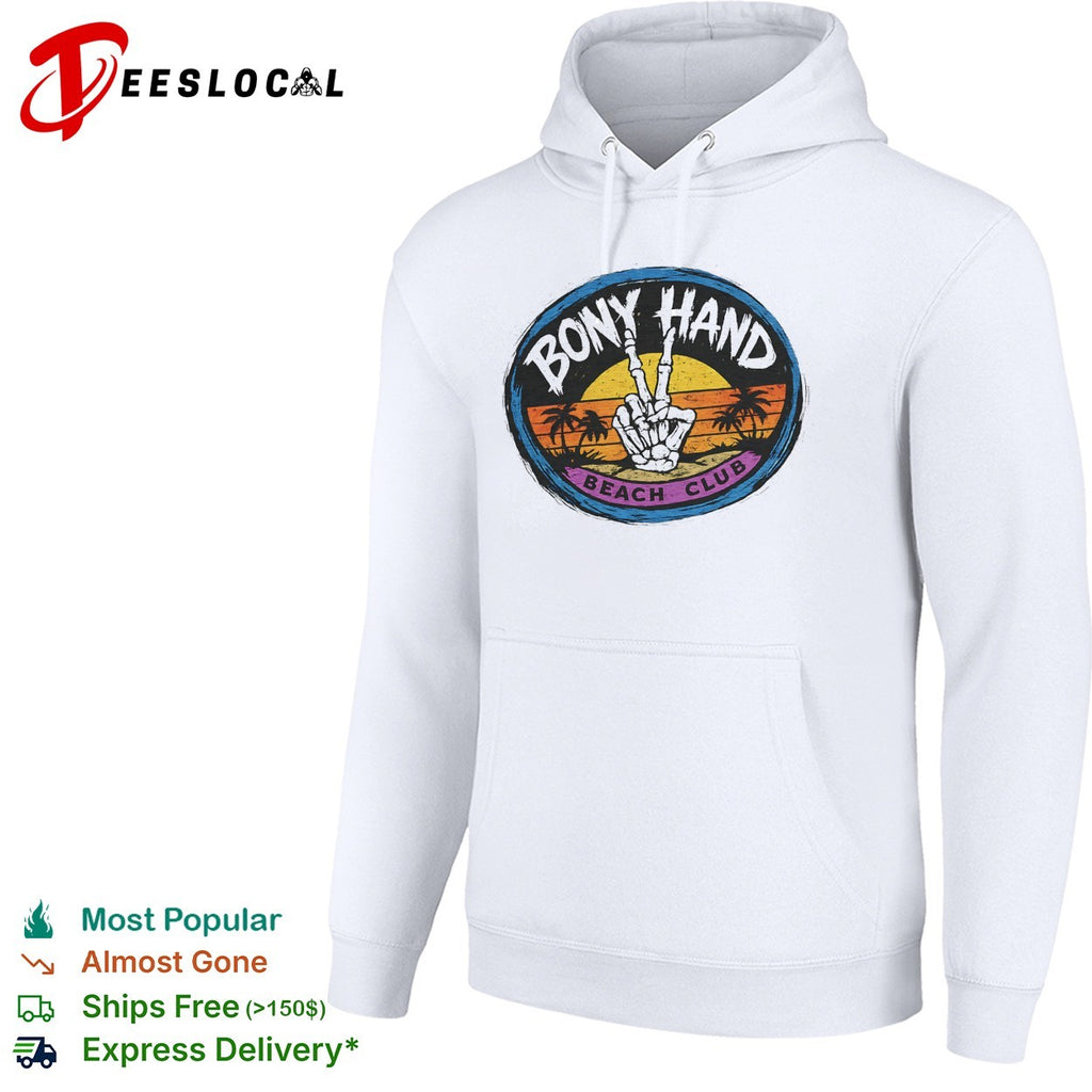 Skeleton peace sign Bony Hand Beach Club tropical sunset badge shirt