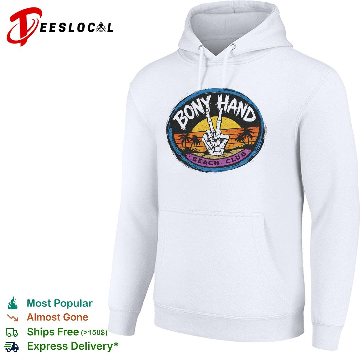Skeleton peace sign Bony Hand Beach Club tropical sunset badge shirt