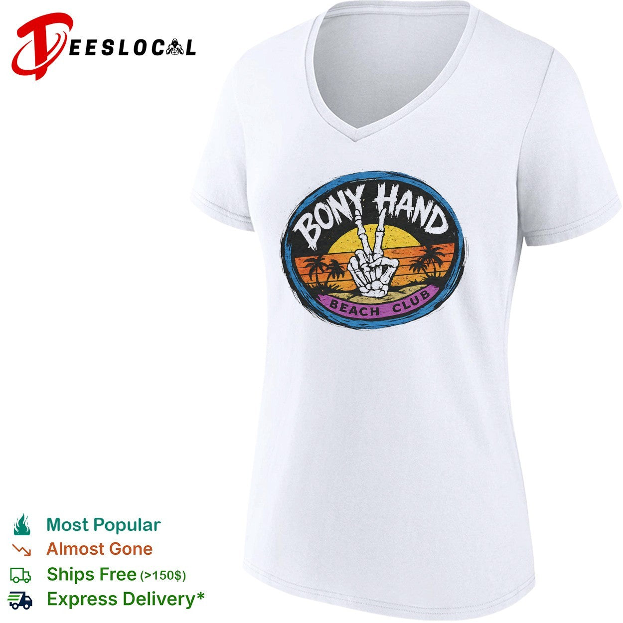 Skeleton peace sign Bony Hand Beach Club tropical sunset badge shirt