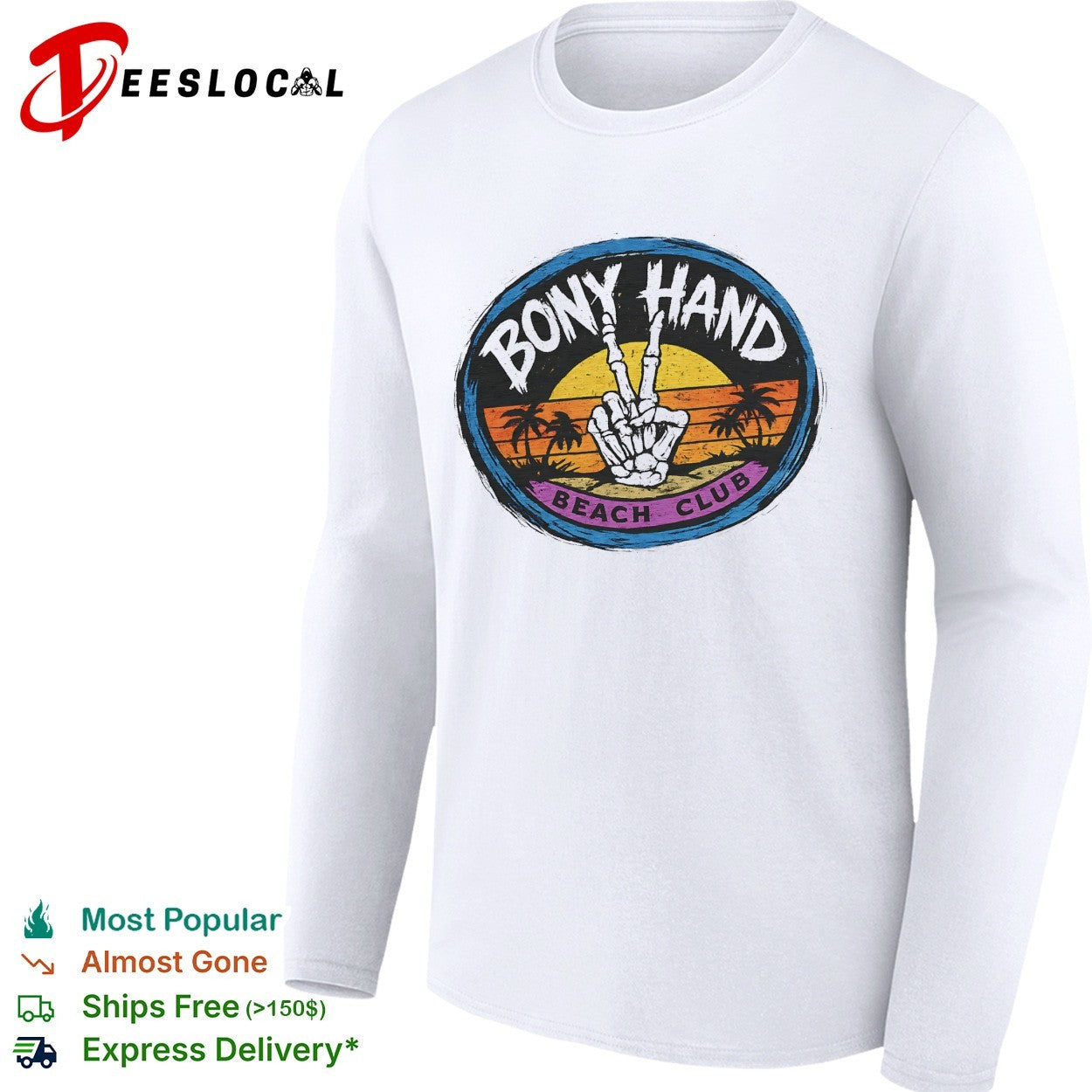 Skeleton peace sign Bony Hand Beach Club tropical sunset badge shirt