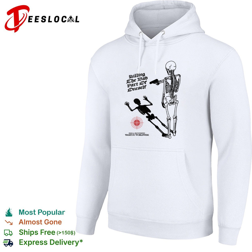 Skeleton pointing gun killing the bad part of oneself Washyou Worldwide shirt