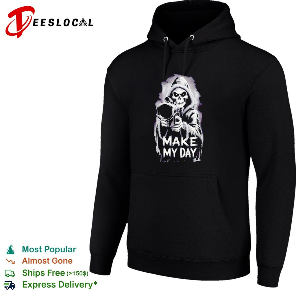 Skeleton pointing gun make my day grim reaper shirt